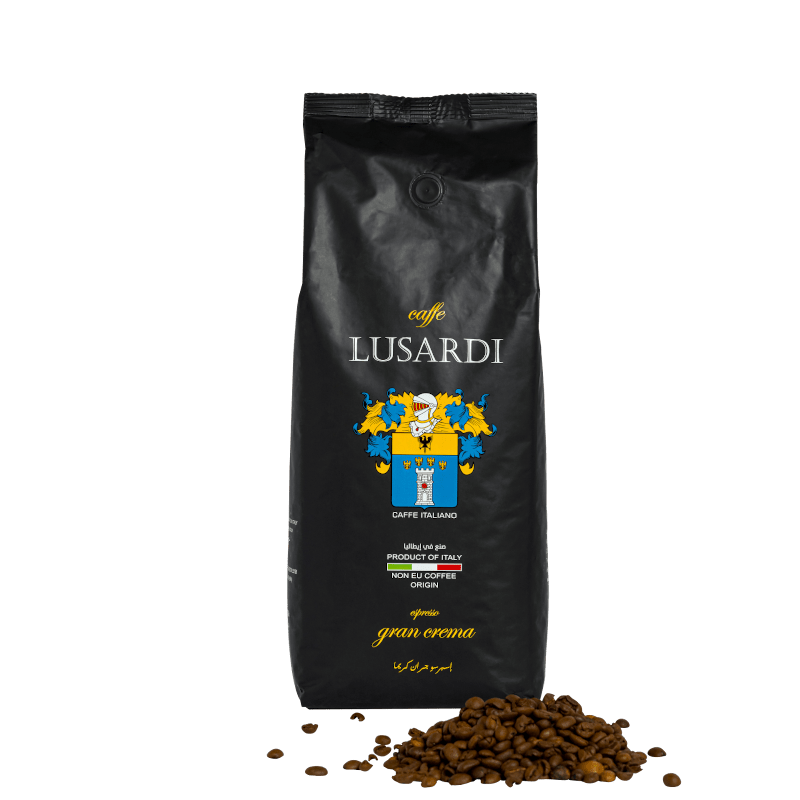 Saco Caffe Lusardi Espresso Gran Crema con frijoles visibles